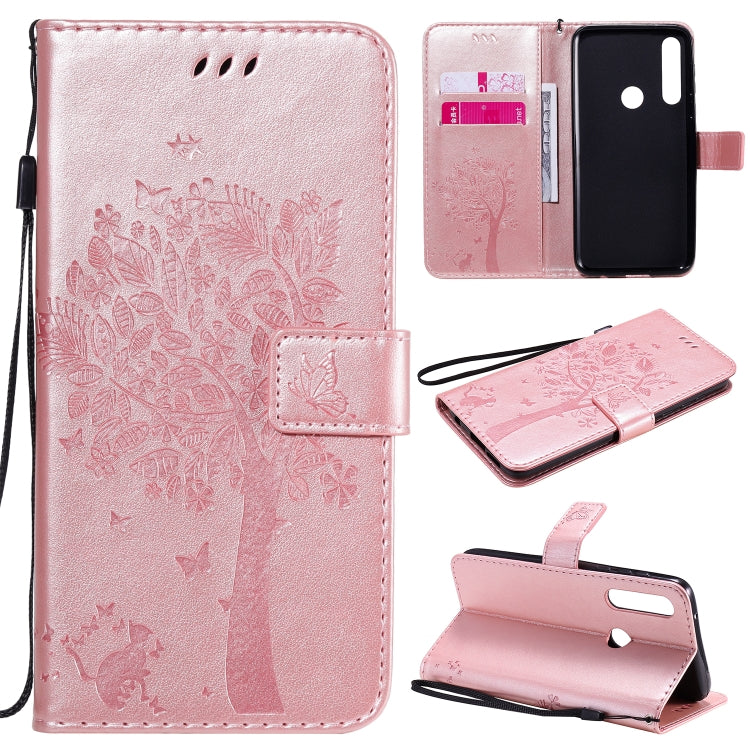 Baum- und Katzenmuster geprägte horizontale Flip-Lederhülle mit Halterung, Kartenfächern, Brieftasche und Umhängeband, für Motorola Moto G Power, für Motorola Moto G8 Power Lite