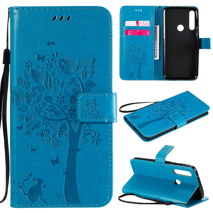 Baum- und Katzenmuster geprägte horizontale Flip-Lederhülle mit Halterung, Kartenfächern, Brieftasche und Umhängeband, für Motorola Moto G Power, für Motorola Moto G8 Power Lite