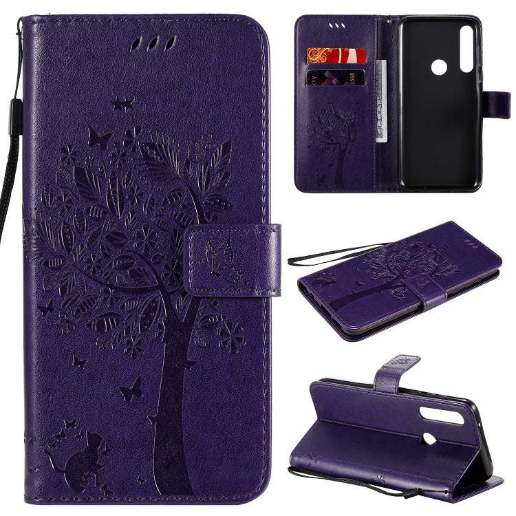 Baum- und Katzenmuster geprägte horizontale Flip-Lederhülle mit Halterung, Kartenfächern, Brieftasche und Umhängeband, für Motorola Moto G Power, für Motorola Moto G8 Power Lite