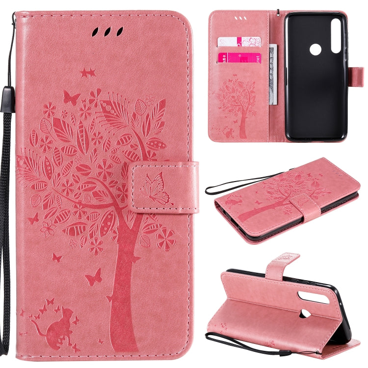 Baum- und Katzenmuster geprägte horizontale Flip-Lederhülle mit Halterung, Kartenfächern, Brieftasche und Umhängeband, für Motorola Moto G Power, für Motorola Moto G8 Power Lite