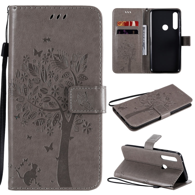 Baum- und Katzenmuster geprägte horizontale Flip-Lederhülle mit Halterung, Kartenfächern, Brieftasche und Umhängeband, für Motorola Moto G Power, für Motorola Moto G8 Power Lite