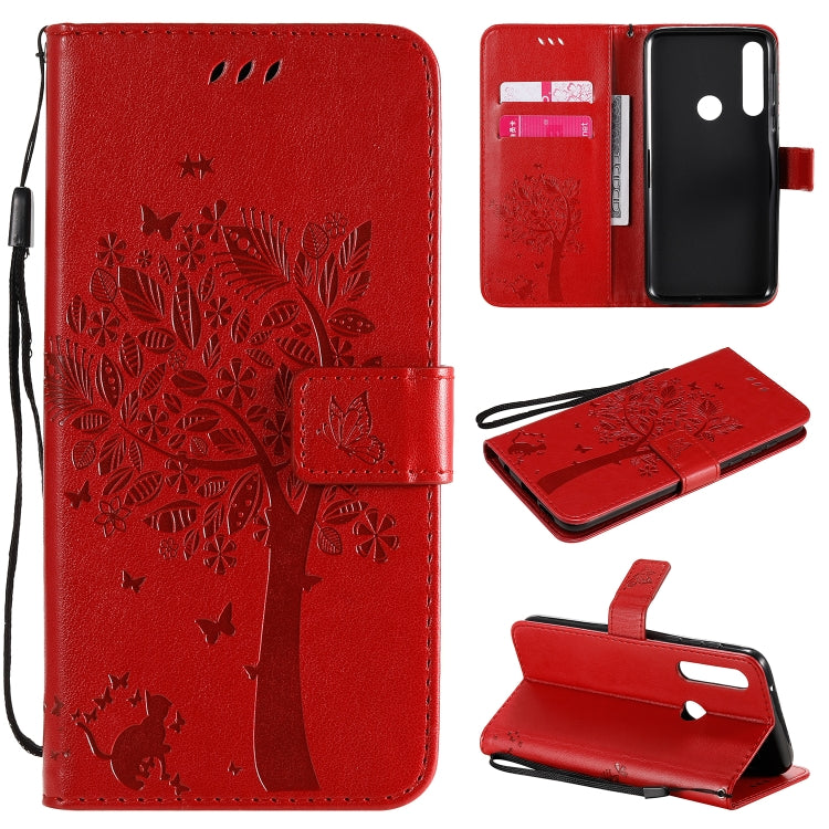 Baum- und Katzenmuster geprägte horizontale Flip-Lederhülle mit Halterung, Kartenfächern, Brieftasche und Umhängeband, für Motorola Moto G Power, für Motorola Moto G8 Power Lite