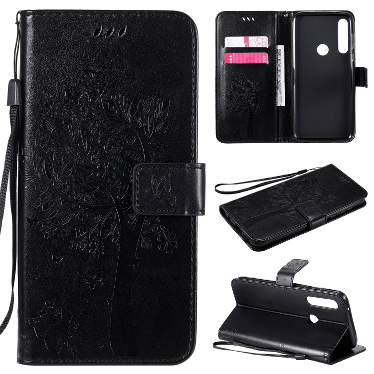 Baum- und Katzenmuster geprägte horizontale Flip-Lederhülle mit Halterung, Kartenfächern, Brieftasche und Umhängeband, für Motorola Moto G Power, für Motorola Moto G8 Power Lite