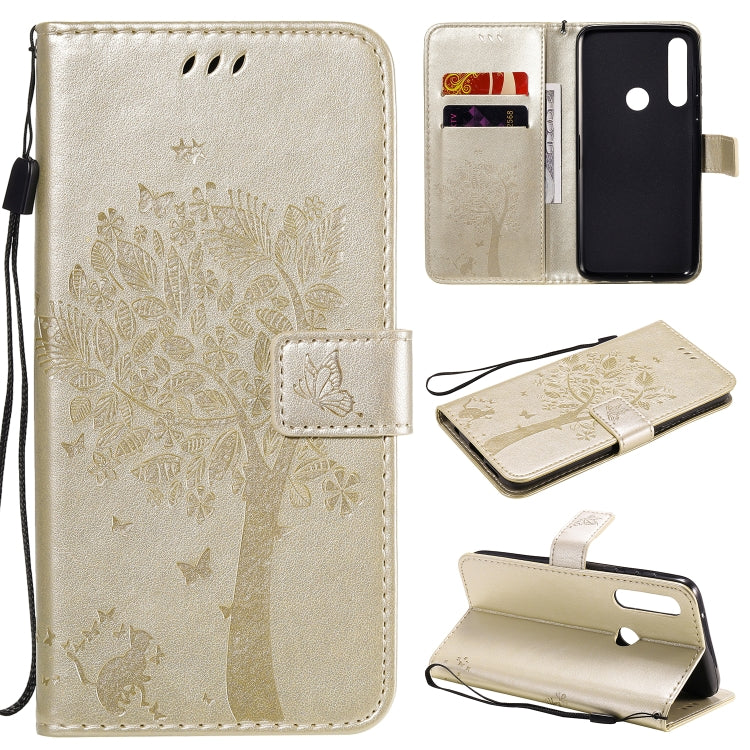 Baum- und Katzenmuster geprägte horizontale Flip-Lederhülle mit Halterung, Kartenfächern, Brieftasche und Umhängeband, für Motorola Moto G Power, für Motorola Moto G8 Power Lite