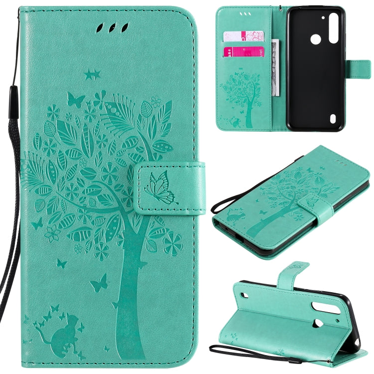 Baum- und Katzenmuster geprägte horizontale Flip-Lederhülle mit Halterung, Kartenfächern, Brieftasche und Umhängeband, für Motorola Moto G Power, für Motorola Moto G8 Power Lite