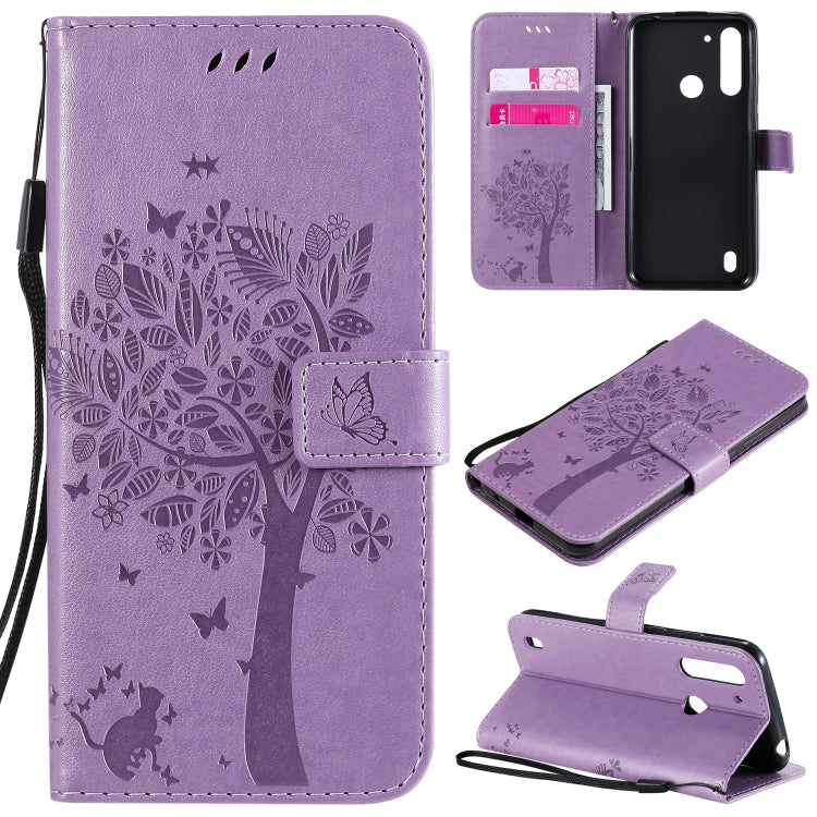 Baum- und Katzenmuster geprägte horizontale Flip-Lederhülle mit Halterung, Kartenfächern, Brieftasche und Umhängeband, für Motorola Moto G Power, für Motorola Moto G8 Power Lite