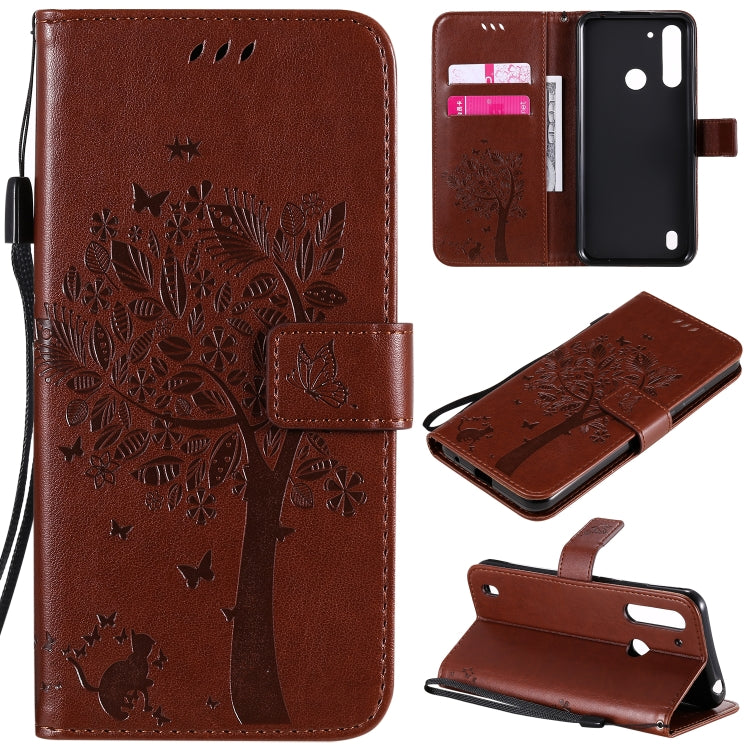 Baum- und Katzenmuster geprägte horizontale Flip-Lederhülle mit Halterung, Kartenfächern, Brieftasche und Umhängeband, für Motorola Moto G Power, für Motorola Moto G8 Power Lite
