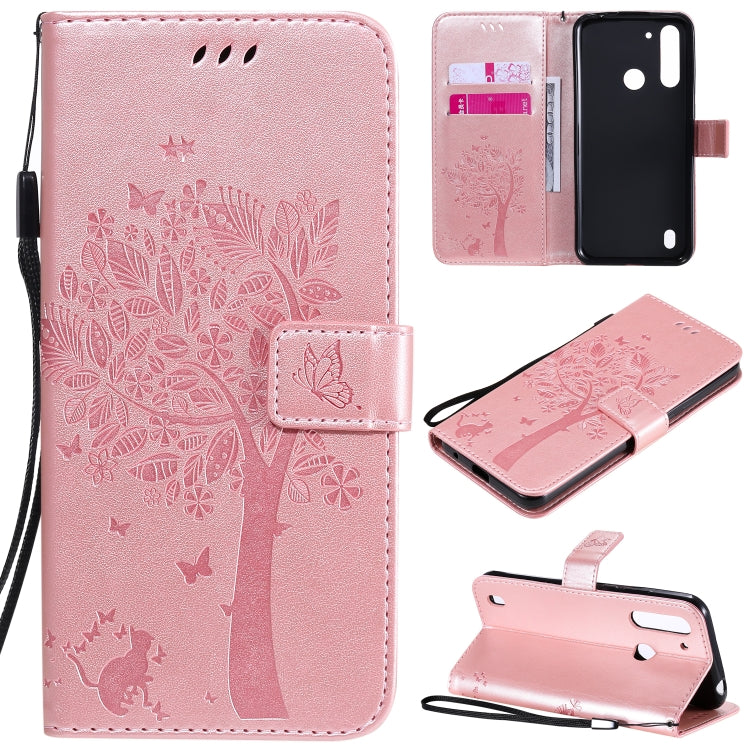 Baum- und Katzenmuster geprägte horizontale Flip-Lederhülle mit Halterung, Kartenfächern, Brieftasche und Umhängeband, für Motorola Moto G Power, für Motorola Moto G8 Power Lite