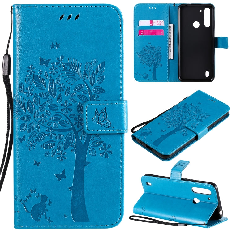 Baum- und Katzenmuster geprägte horizontale Flip-Lederhülle mit Halterung, Kartenfächern, Brieftasche und Umhängeband, für Motorola Moto G Power, für Motorola Moto G8 Power Lite