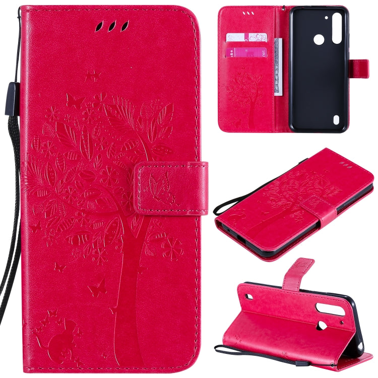 Baum- und Katzenmuster geprägte horizontale Flip-Lederhülle mit Halterung, Kartenfächern, Brieftasche und Umhängeband, für Motorola Moto G Power, für Motorola Moto G8 Power Lite