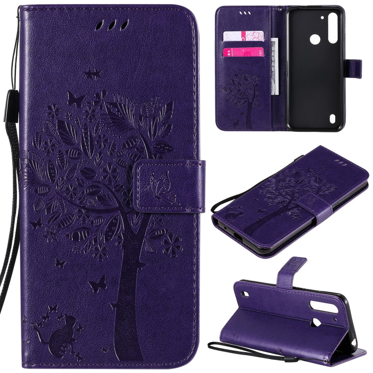 Baum- und Katzenmuster geprägte horizontale Flip-Lederhülle mit Halterung, Kartenfächern, Brieftasche und Umhängeband, für Motorola Moto G Power, für Motorola Moto G8 Power Lite