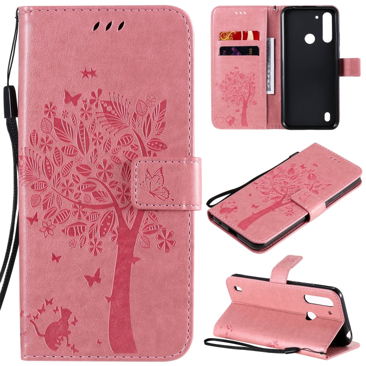 Baum- und Katzenmuster geprägte horizontale Flip-Lederhülle mit Halterung, Kartenfächern, Brieftasche und Umhängeband, für Motorola Moto G Power, für Motorola Moto G8 Power Lite