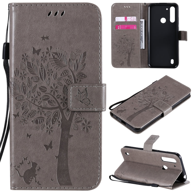 Baum- und Katzenmuster geprägte horizontale Flip-Lederhülle mit Halterung, Kartenfächern, Brieftasche und Umhängeband, für Motorola Moto G Power, für Motorola Moto G8 Power Lite