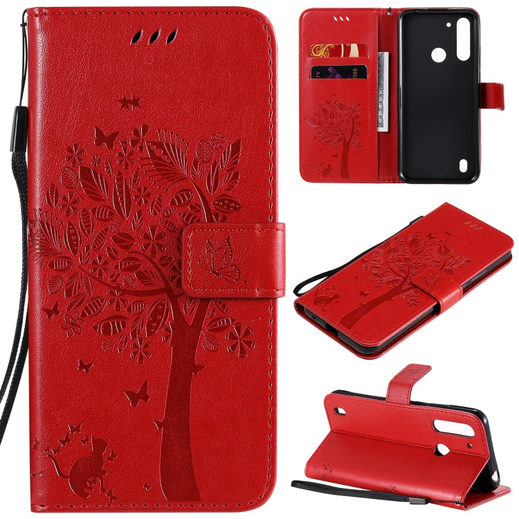 Baum- und Katzenmuster geprägte horizontale Flip-Lederhülle mit Halterung, Kartenfächern, Brieftasche und Umhängeband, für Motorola Moto G Power, für Motorola Moto G8 Power Lite