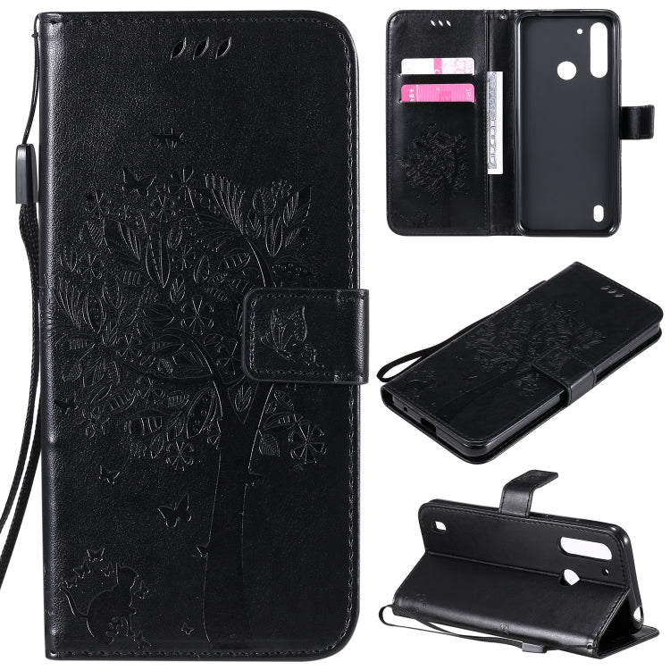 Baum- und Katzenmuster geprägte horizontale Flip-Lederhülle mit Halterung, Kartenfächern, Brieftasche und Umhängeband, für Motorola Moto G Power, für Motorola Moto G8 Power Lite