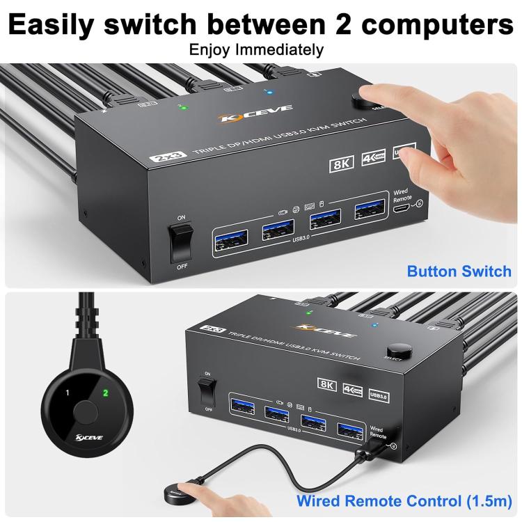 KC-KVM203DH 8K Triple Monitor KVM Switch – 2 PC, USB 3.0, DP+DP+HDMI (EU Plug – UK Adapter Required)