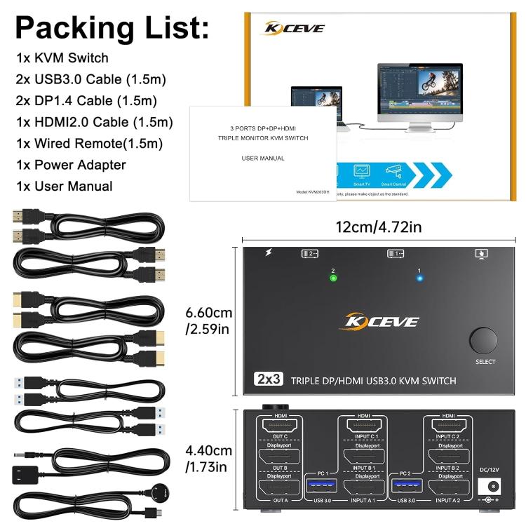 KC-KVM203DH 8K Triple Monitor KVM Switch – 2 PC, USB 3.0, DP+DP+HDMI (EU Plug – UK Adapter Required)
