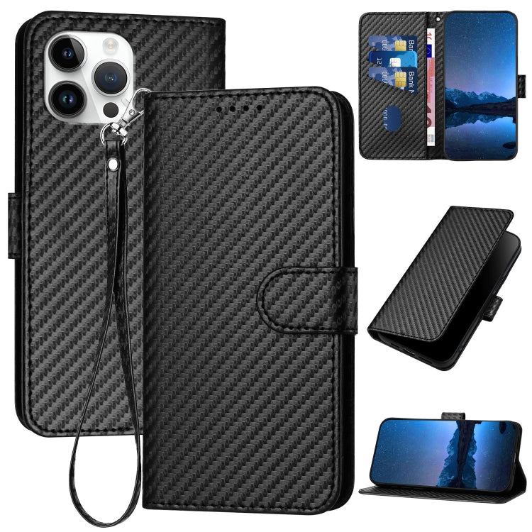 Carbon Fibre Buckle Leather Phone Case with Card Slot & Lanyard — iPhone 14 Pro, 14 Pro Max, SE 2022/2020/8/7