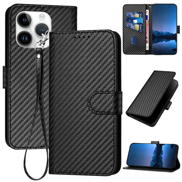 Carbon Fibre Buckle Leather Phone Case with Card Slot & Lanyard — iPhone 14 Pro, 14 Pro Max, SE 2022/2020/8/7