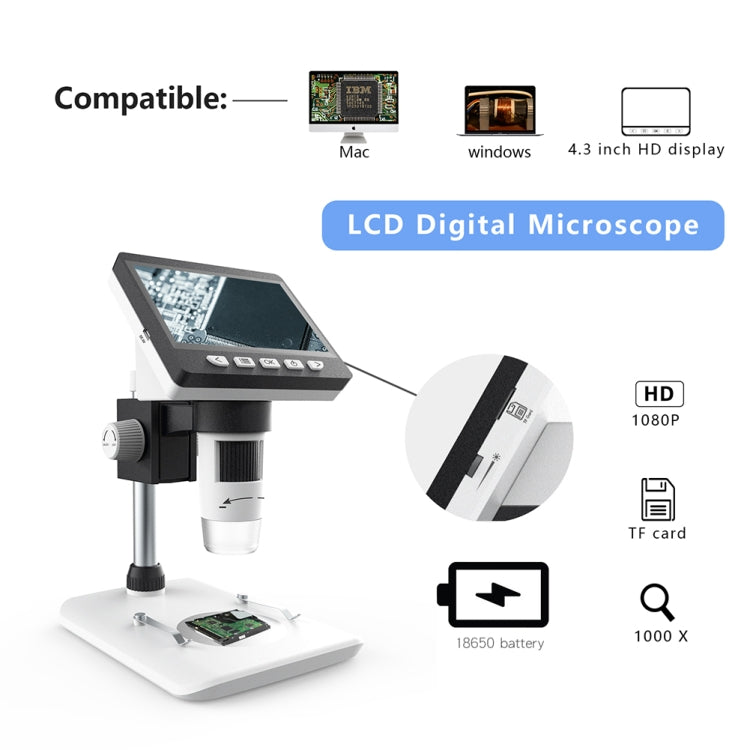 1080P Digital Microscope | 4.3" LCD Screen | 1000x Zoom | 0–40mm Focus | 8 LED