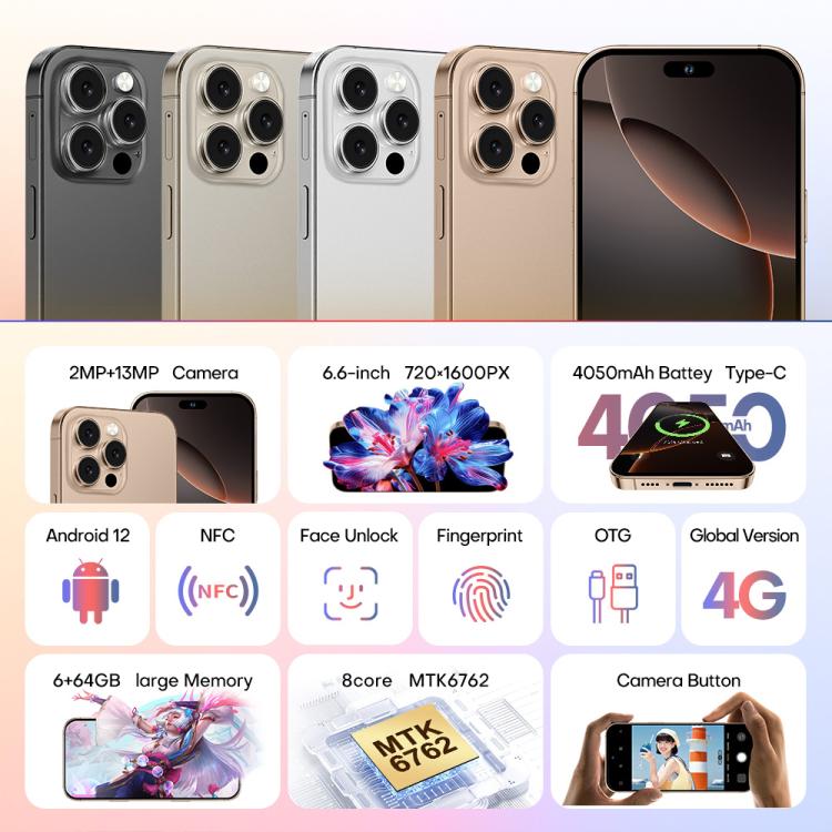 A88A i16 Pro Max 4G Smartphone | 6GB RAM 64GB | 6.6" HD+ | NFC | Android 12
