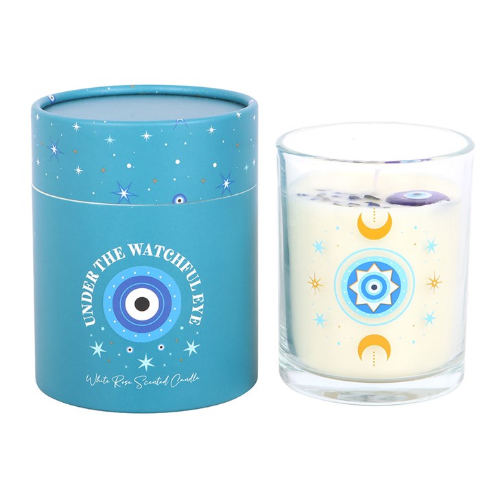 Under Watchful Eyes White Rose Candle with Crystals