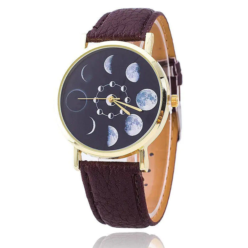 "Moon Phase Surface Watch with Leather Strap"