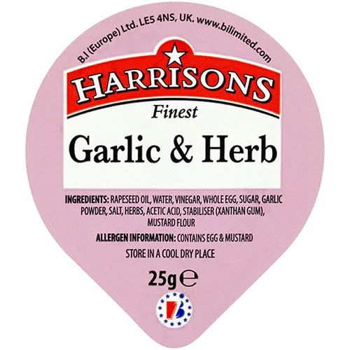 100 x Tarrinas de salsa Harrisons Finest Ajo y Hierbas 100 x 25g