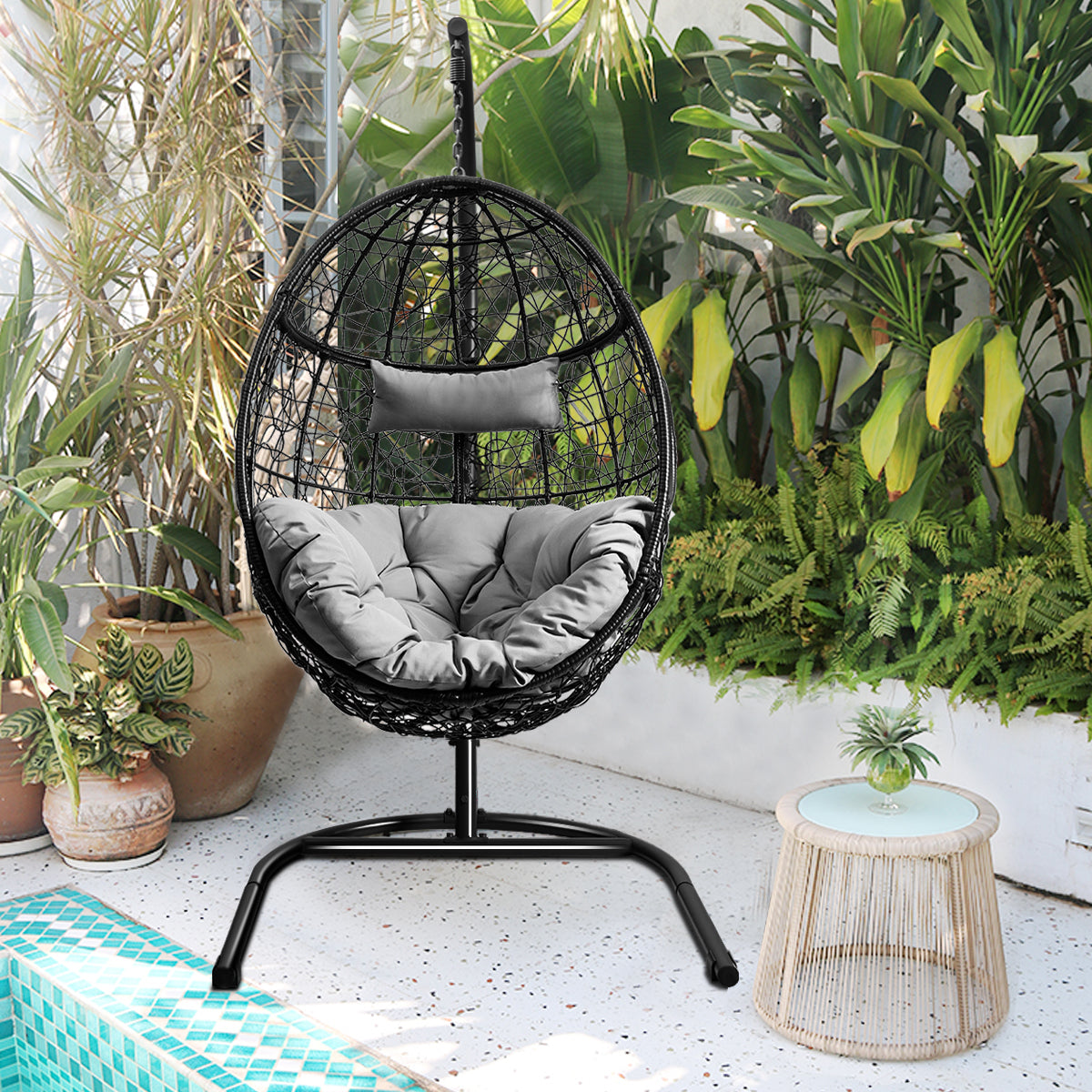 Egg Swing Chair with Stand and Ultraviolet-Resistant Seat Cushion-Grey