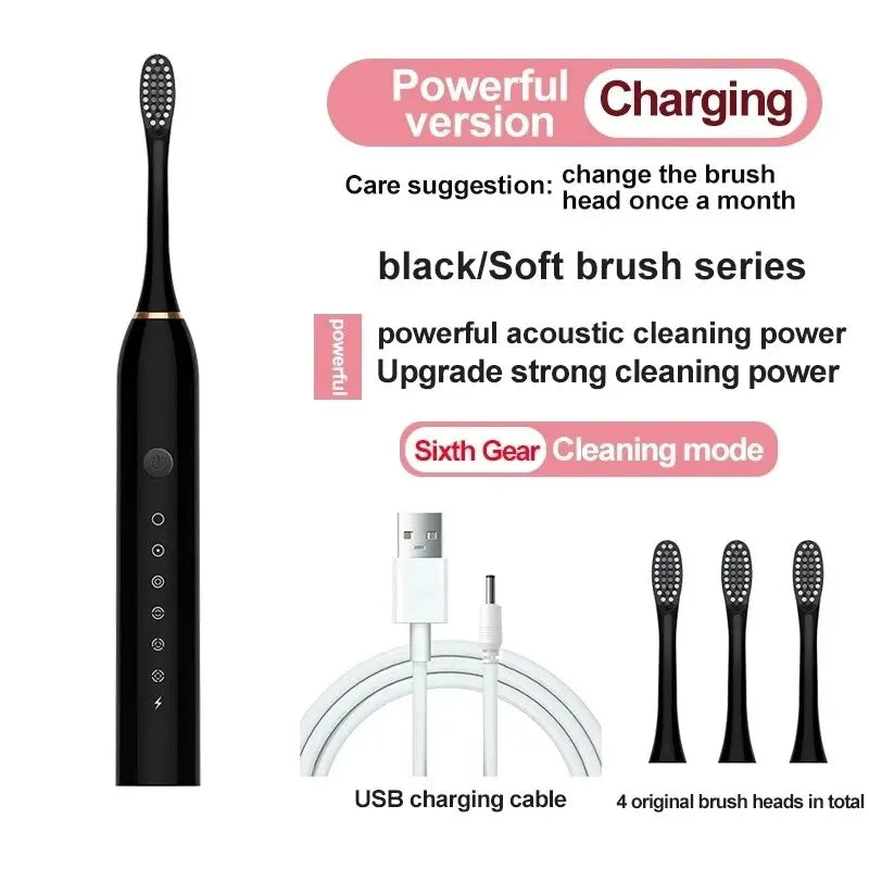 Electric Ultrasonic Toothbrush with 6 Speed Modes - USB Rechargeable, Waterproof Tooth Cleaner