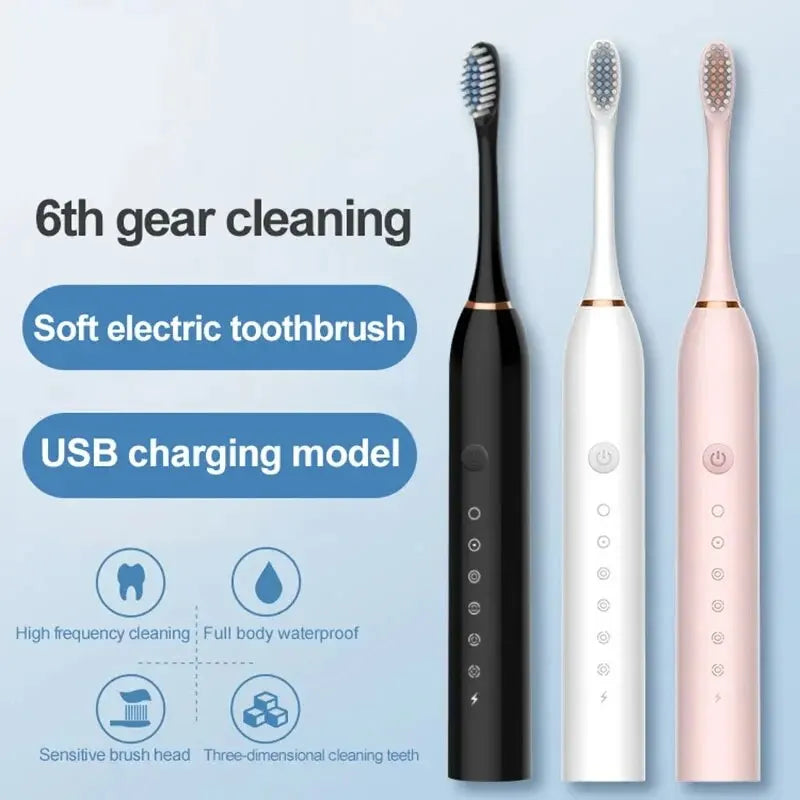 Electric Ultrasonic Toothbrush with 6 Speed Modes - USB Rechargeable, Waterproof Tooth Cleaner