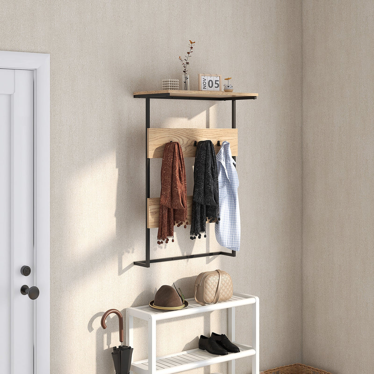 Entryway Wall Coat Rack with 6 Hooks and Display Shelf-Natural