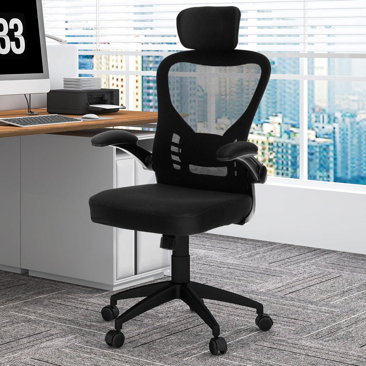 Ergonomic Mesh Office Chair with Adjustable Headrest and Height-Black