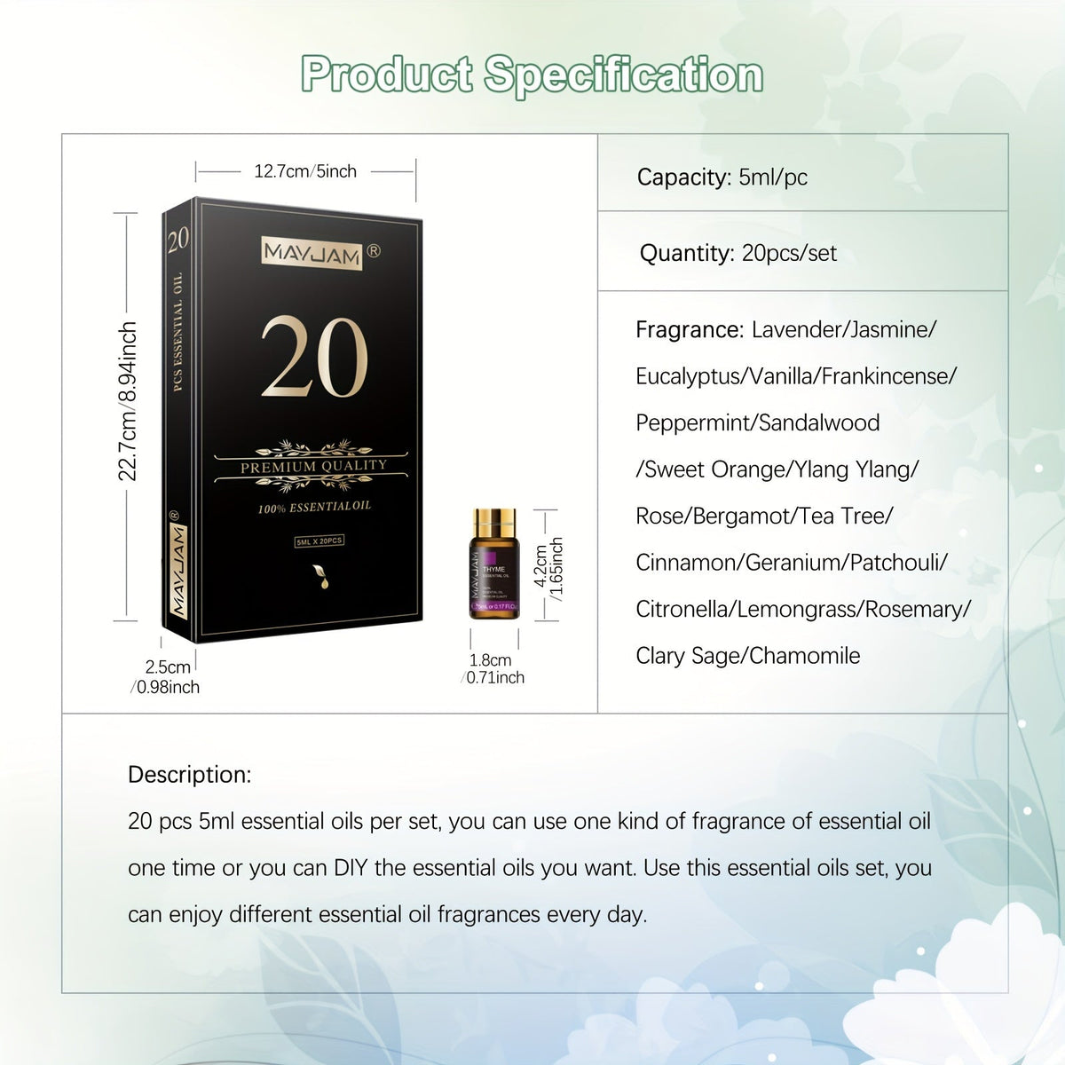 20pcs Essential Oils Set - 5ml Pure Therapeutic Aromatherapy Oils for Diffuser, Humidifier, Massage & Relaxation
