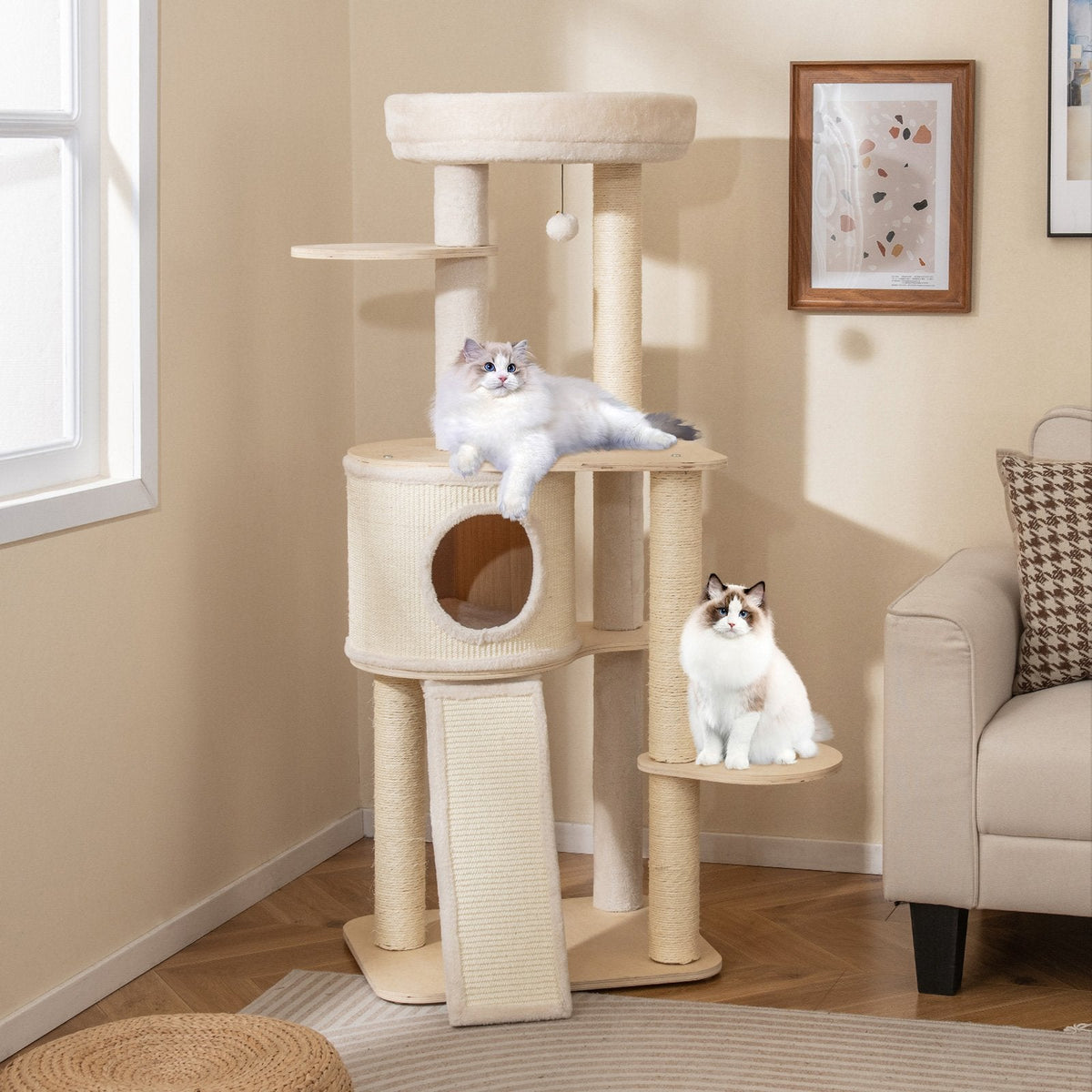 Extra Large Wooden Cat Tree with Cat Condo and Washable Cushions-Natural