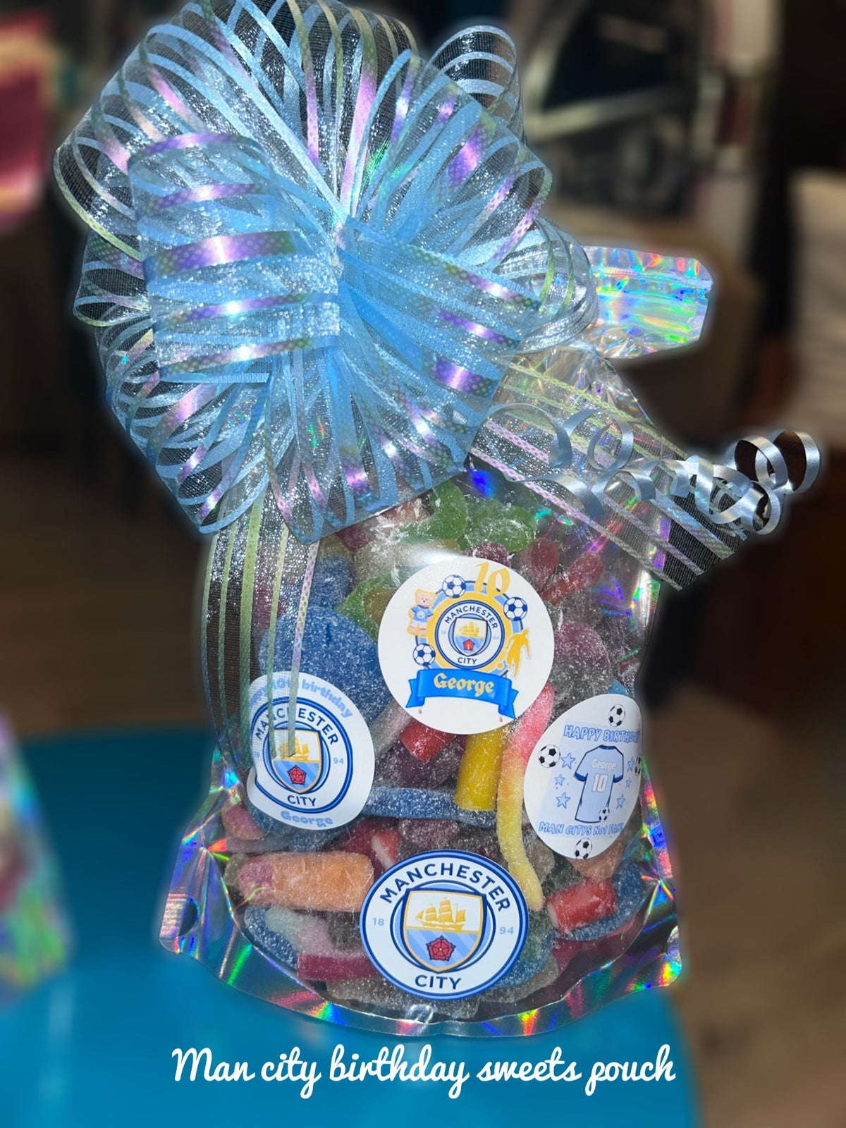 Football 1kg Sweet pouch! Any team- Any Celebration with personalized stickers and bow
