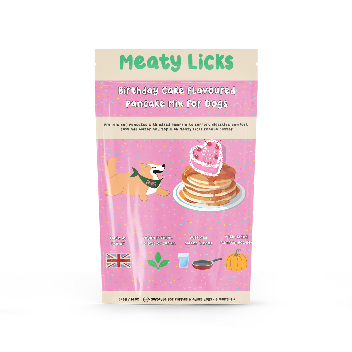 Meaty Licks Birthday Cake flavoured pancake mix for dogs