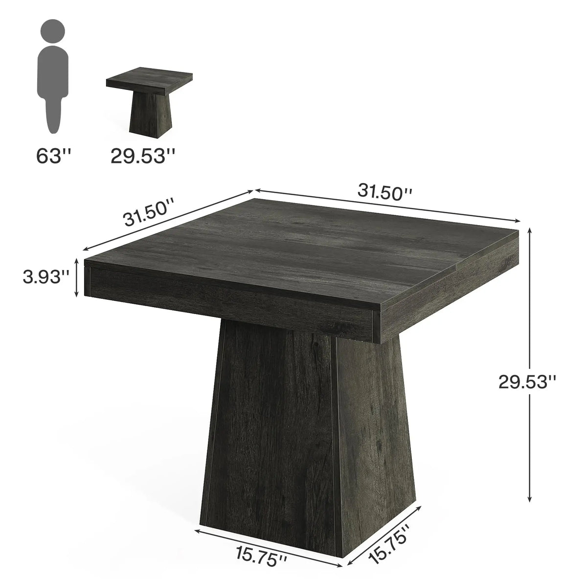 Square Farmhouse Wood Dining Table for 4 Wooden Kitchen Dinner Table Pedestal Base