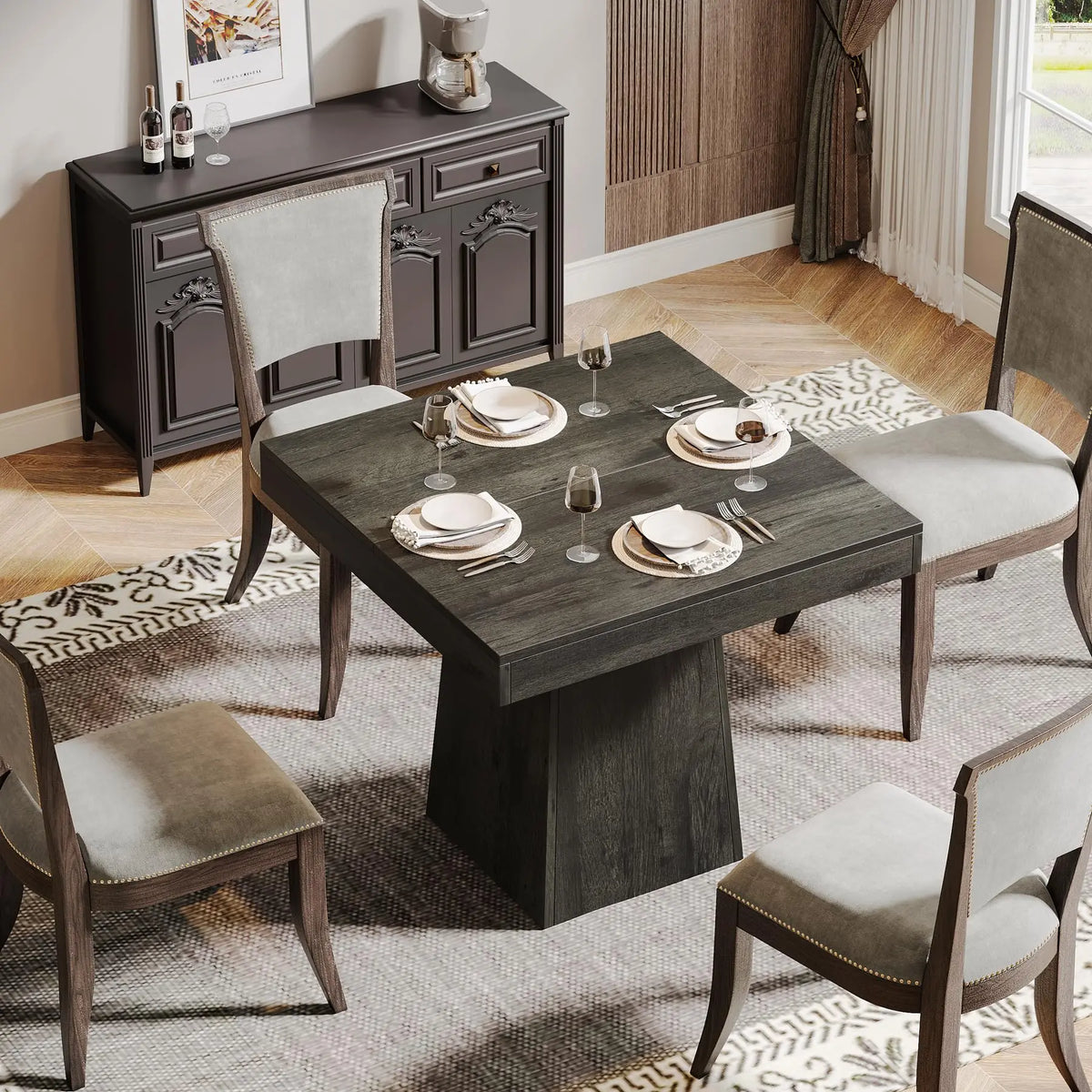 Square Farmhouse Wood Dining Table for 4 Wooden Kitchen Dinner Table Pedestal Base