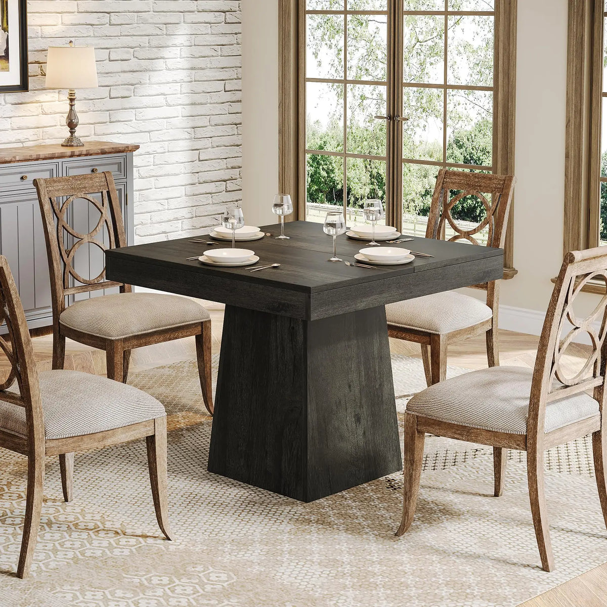 Square Farmhouse Wood Dining Table for 4 Wooden Kitchen Dinner Table Pedestal Base