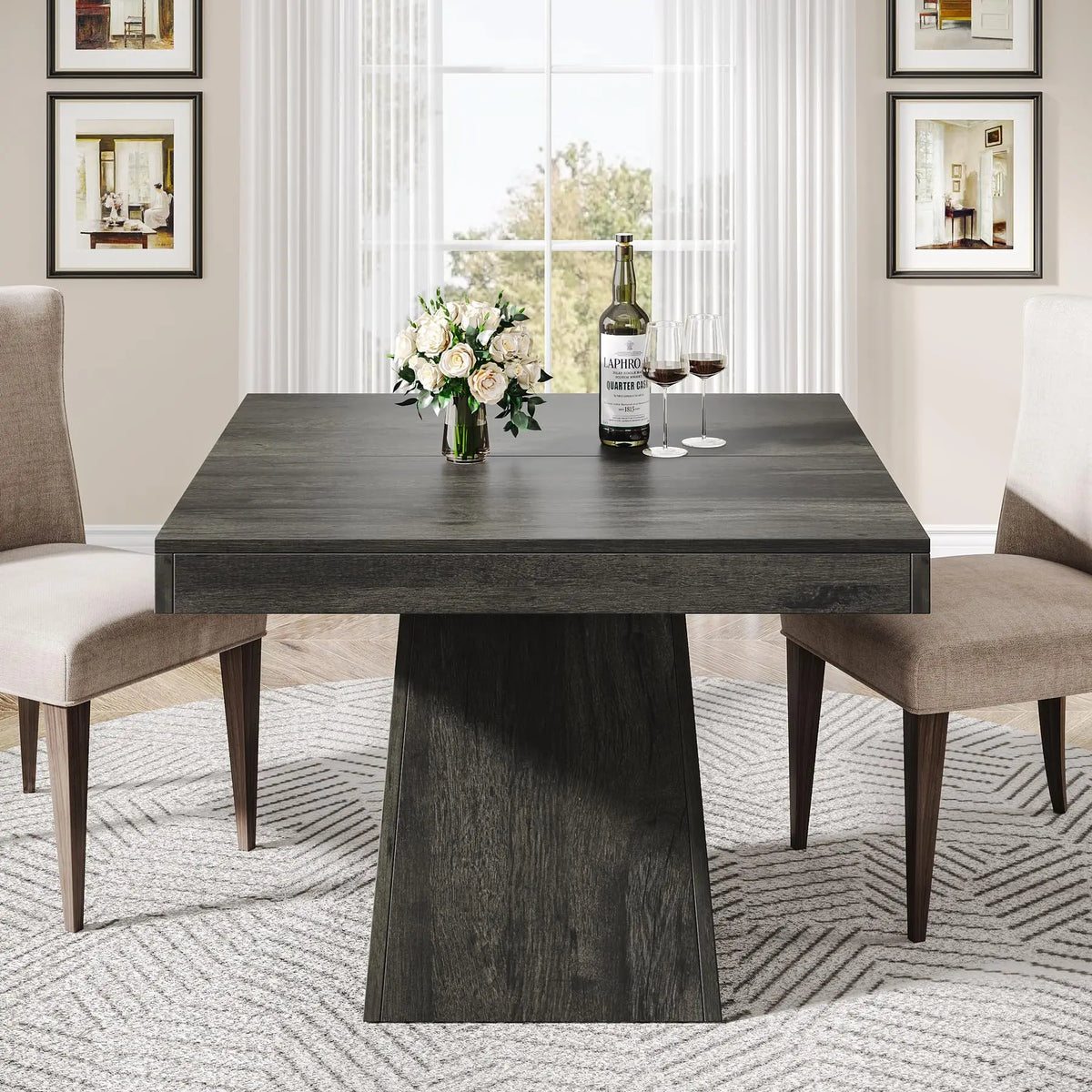 Square Farmhouse Wood Dining Table for 4 Wooden Kitchen Dinner Table Pedestal Base