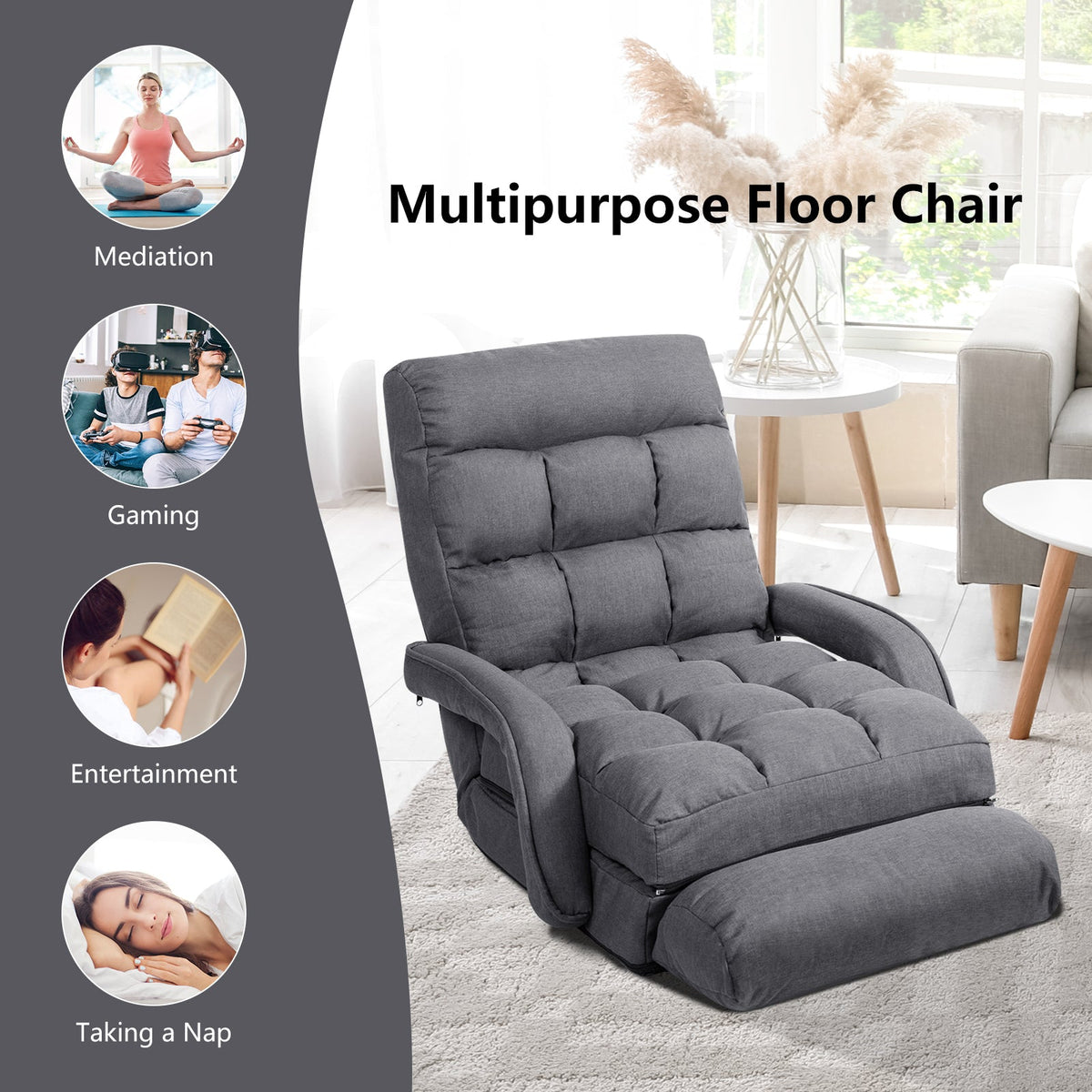 Adjustable Folding Floor Lazy Chair with Pillow-Blue