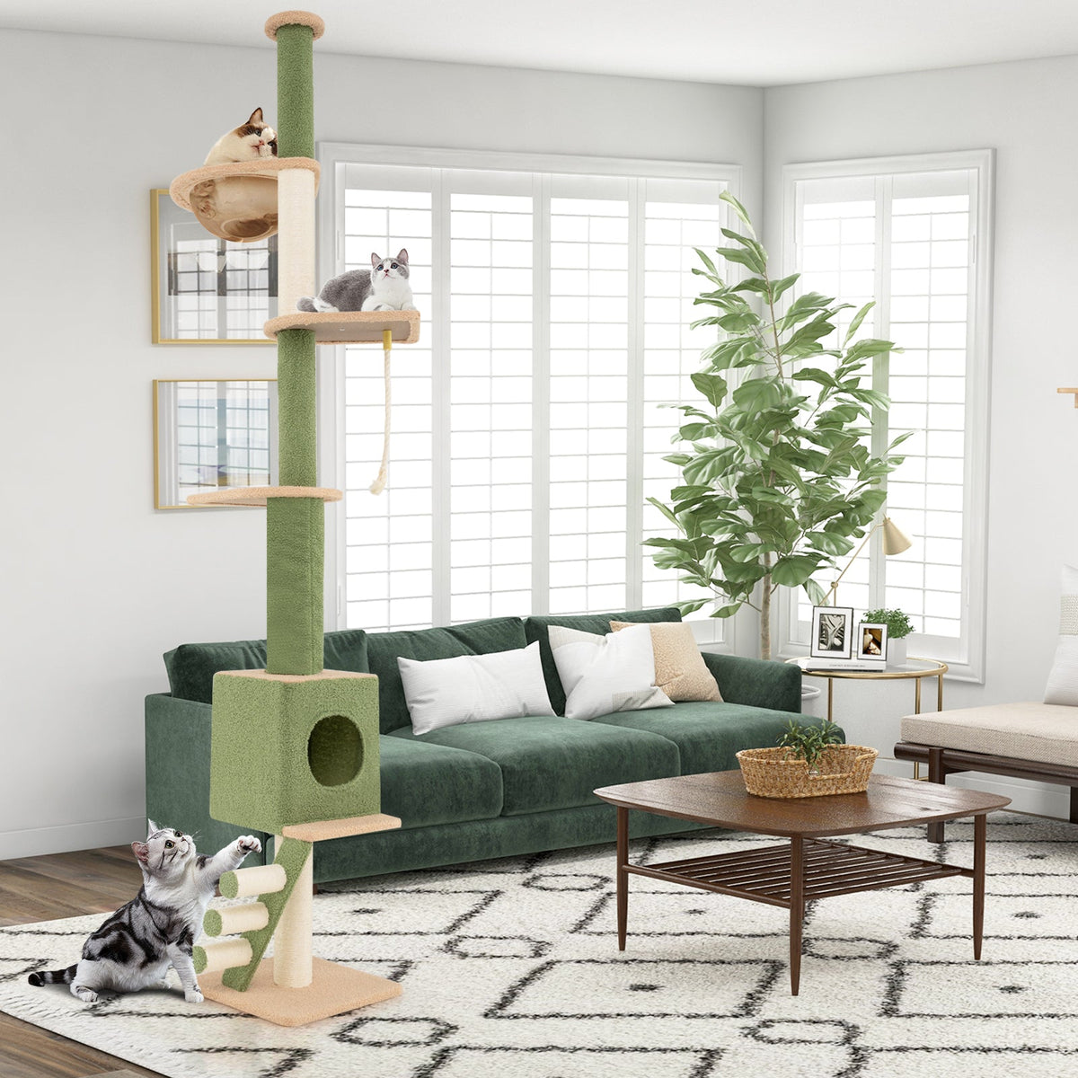 Floor to Ceiling Cat Tree with 218-270 cm Adjustable Height-Green