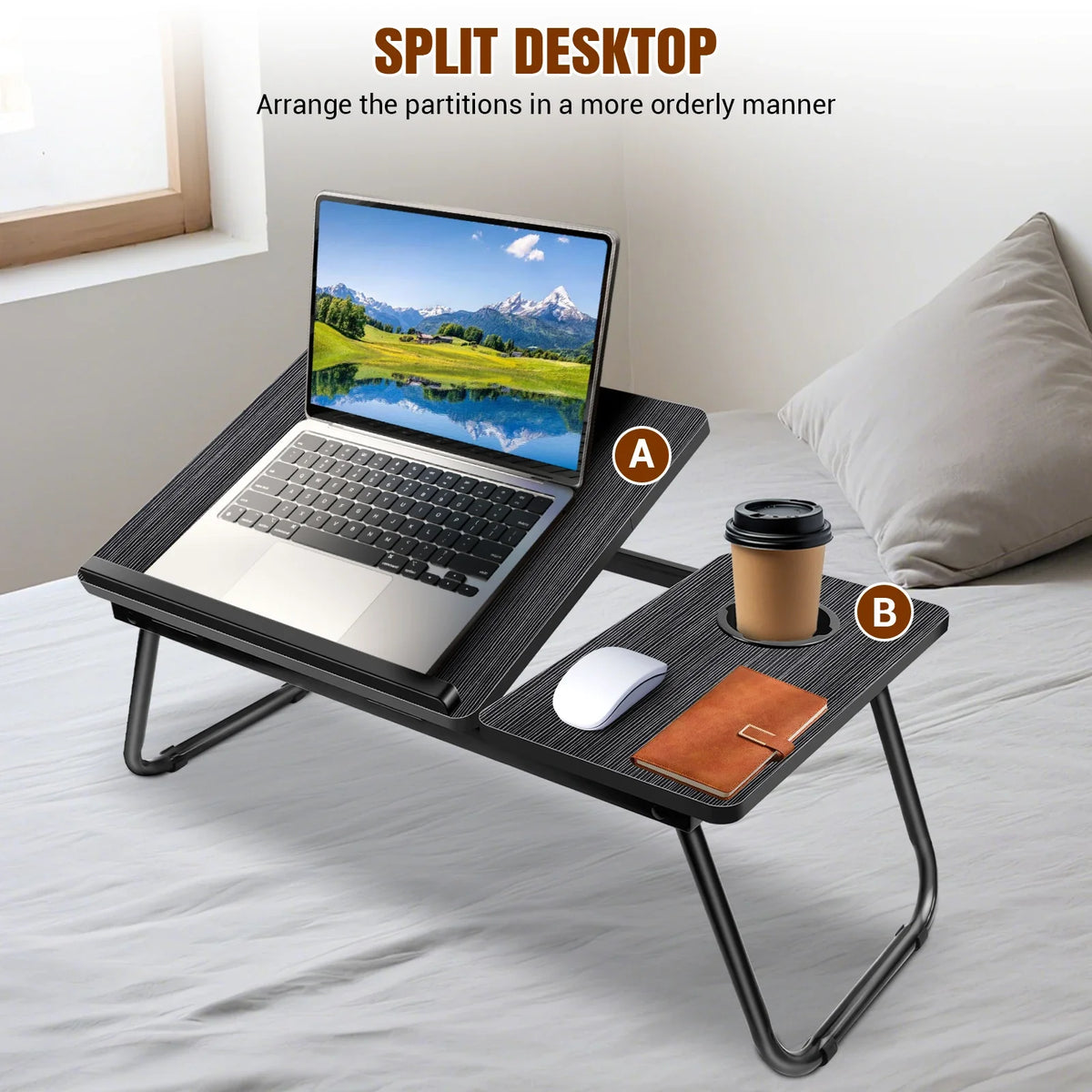 Foldable Laptop Bed Table Desk with Cup Holder & Device Stand Black Portable