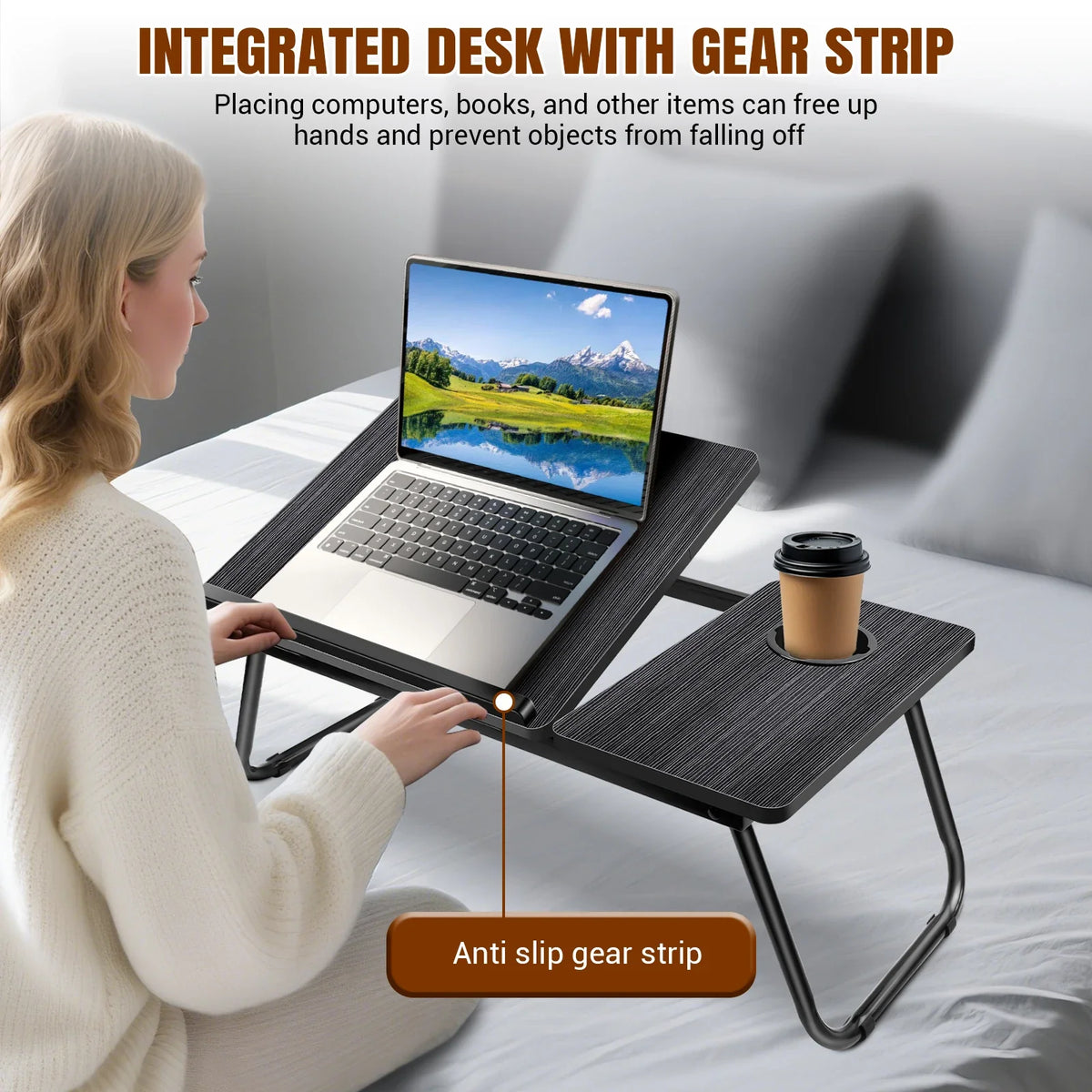 Foldable Laptop Bed Table Desk with Cup Holder & Device Stand Black Portable