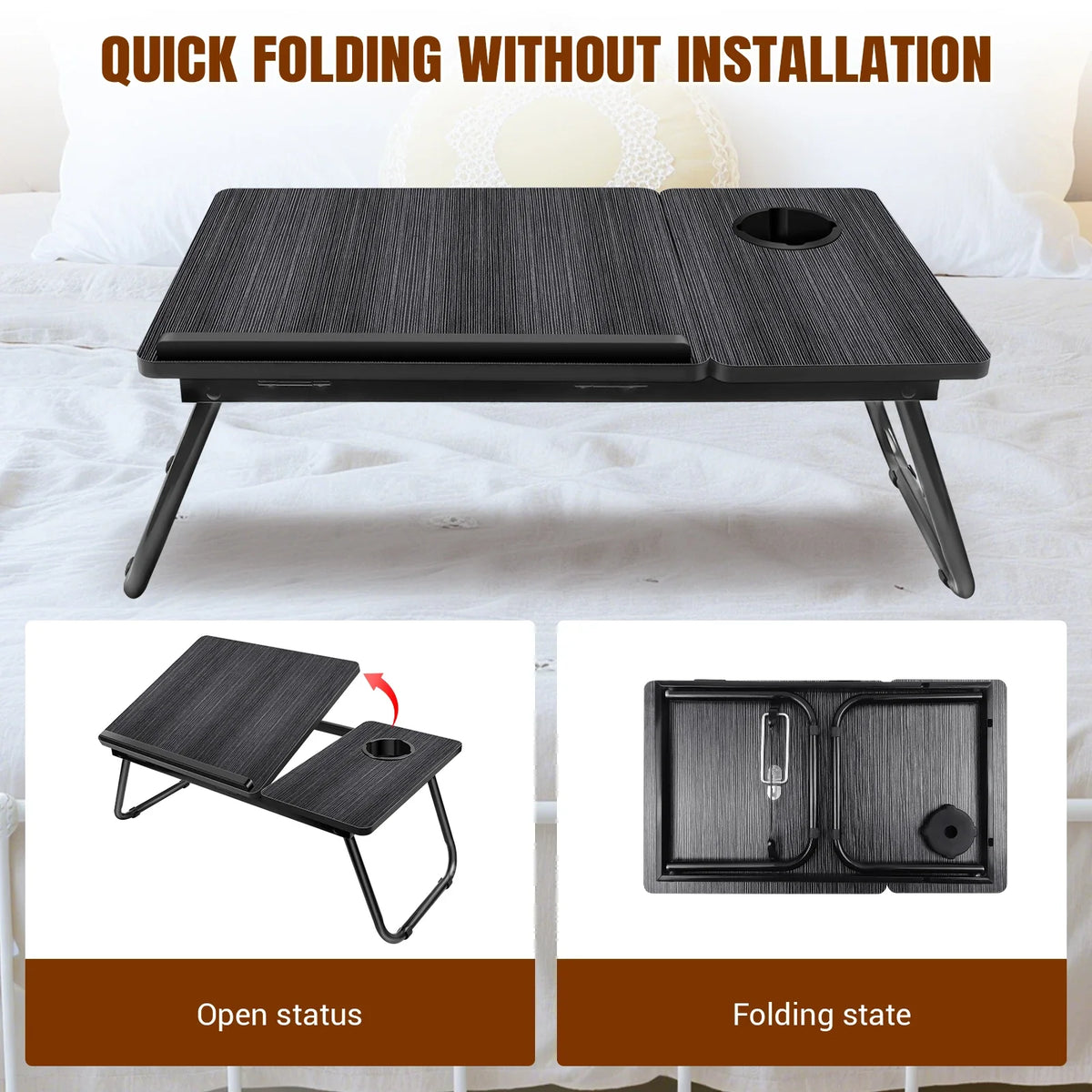Foldable Laptop Bed Table Desk with Cup Holder & Device Stand Black Portable