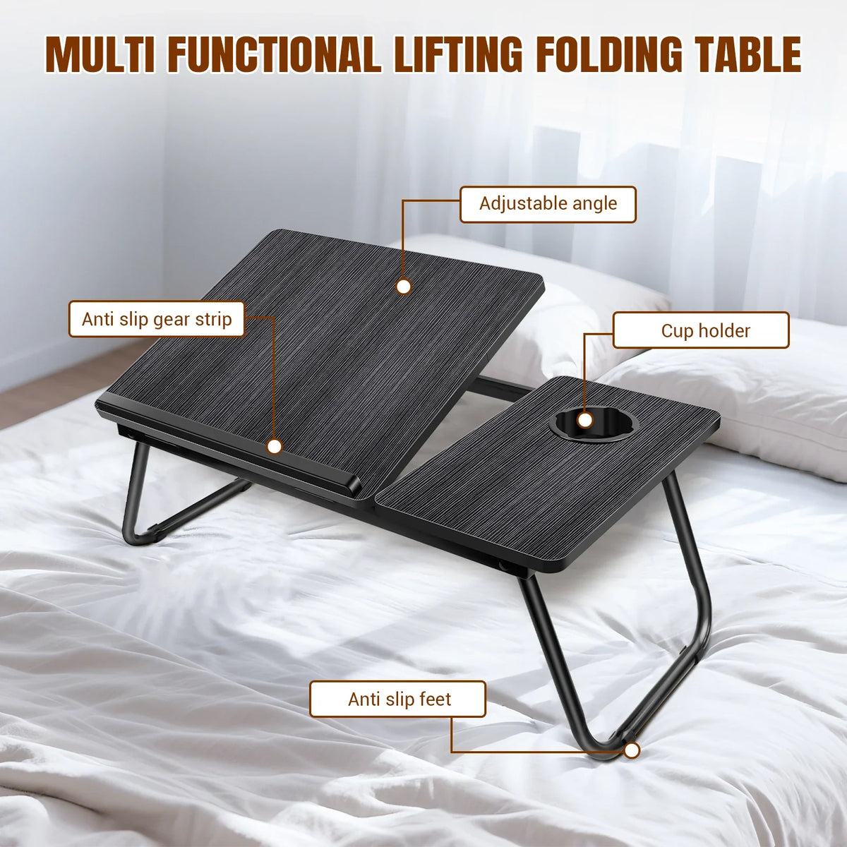 Foldable Laptop Bed Table Desk with Cup Holder & Device Stand Black Portable