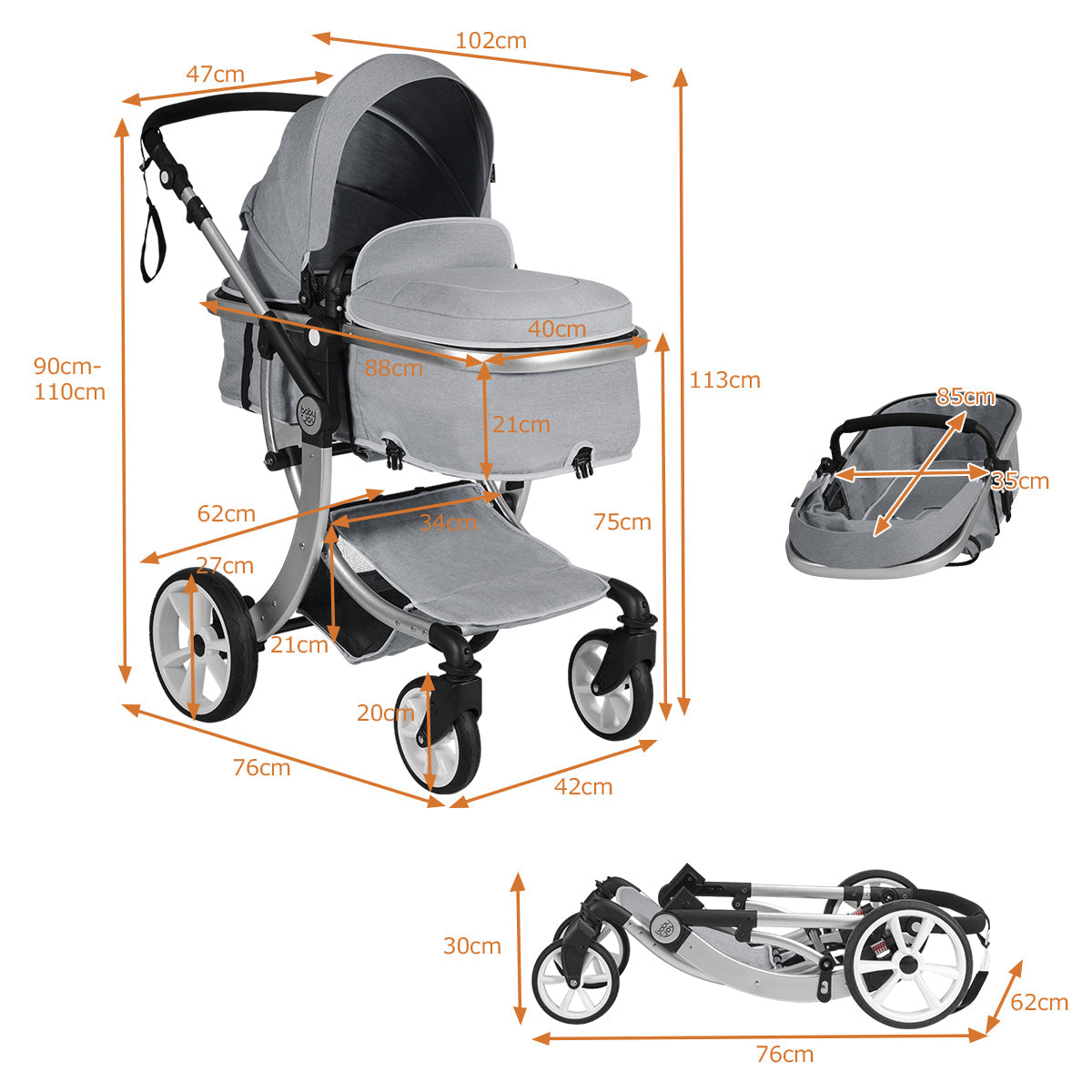 2 in 1 Foldable Baby Stroller with Rain Cover and Mosquito Net-Beige
