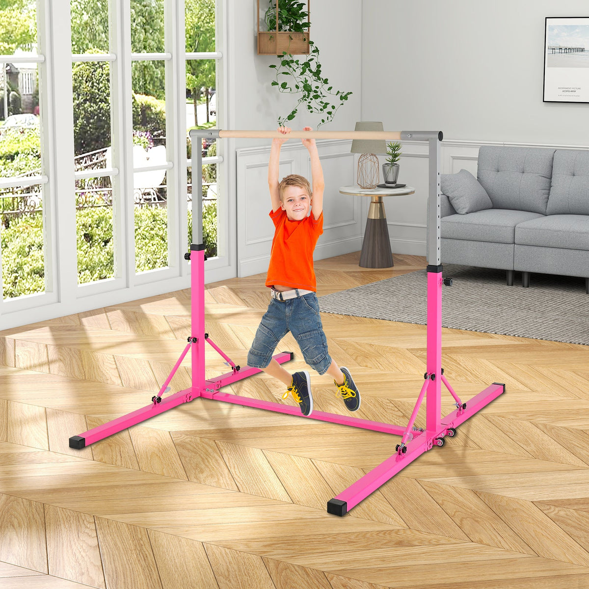 Kids Foldable Gymnastics Bar with 13 Adjustable Height-Blue