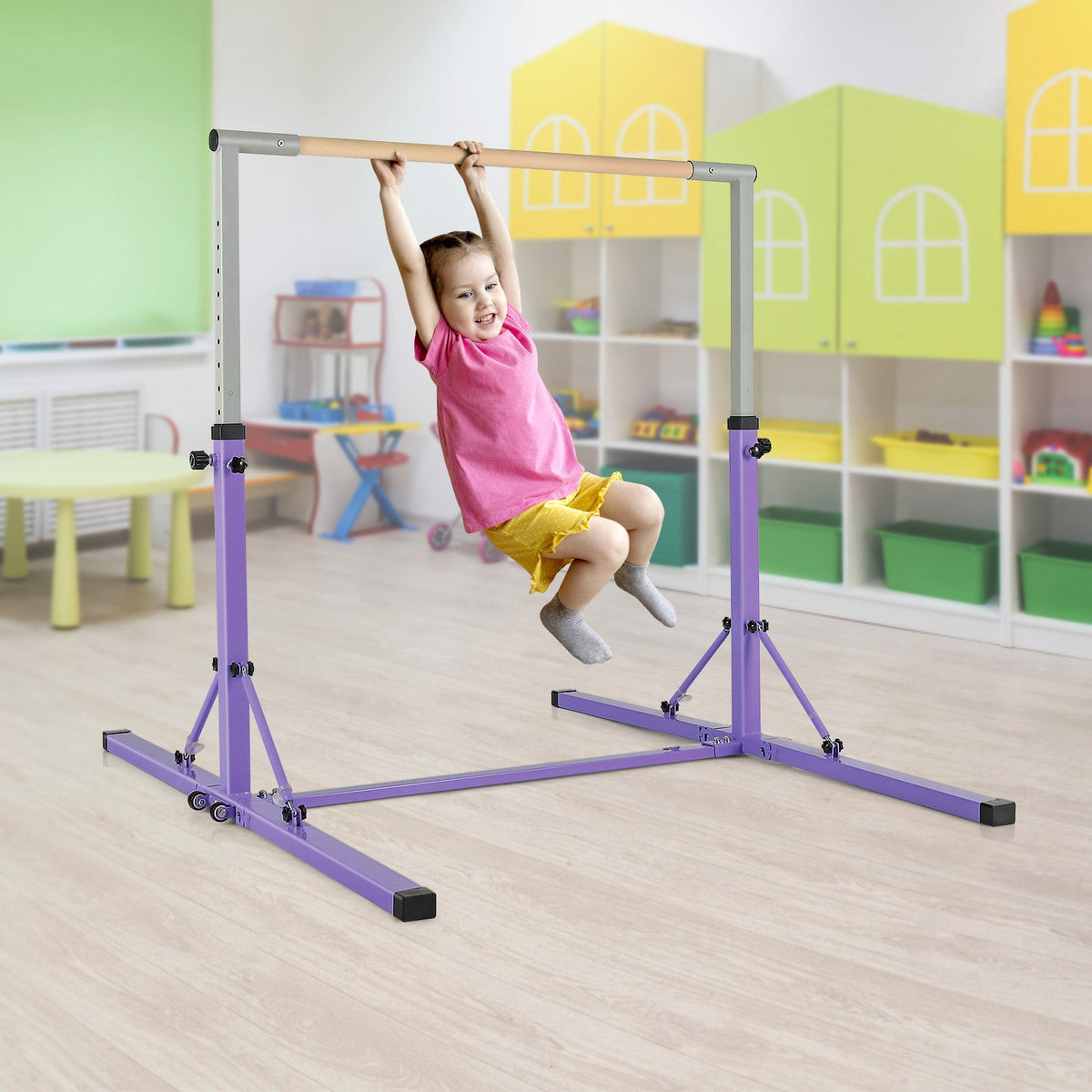Kids Foldable Gymnastics Bar with 13 Adjustable Height-Blue